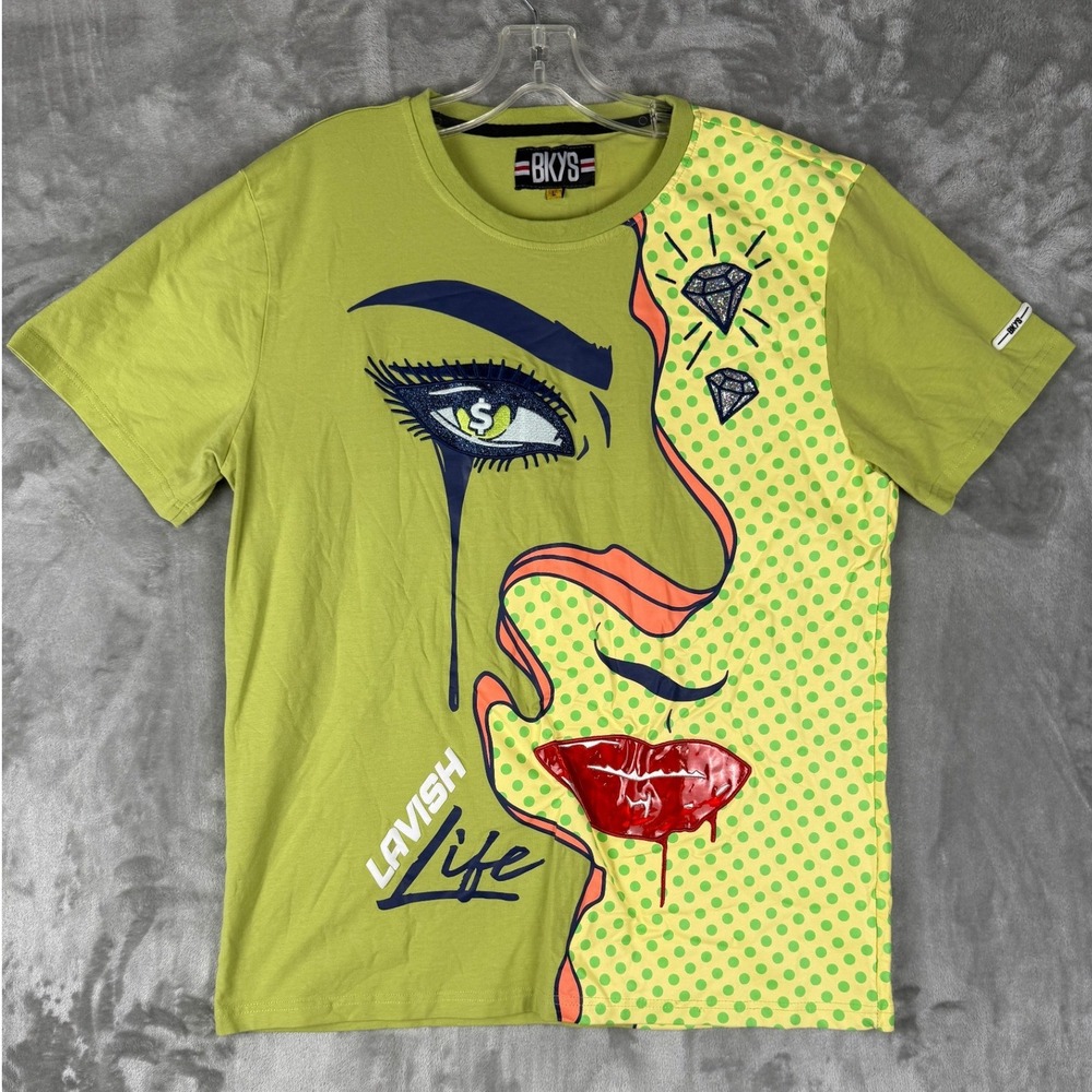 BKYS Mens L Graphic Tee Shirt Liquid Face‎ Diamonds Lavish Life Green Yellow